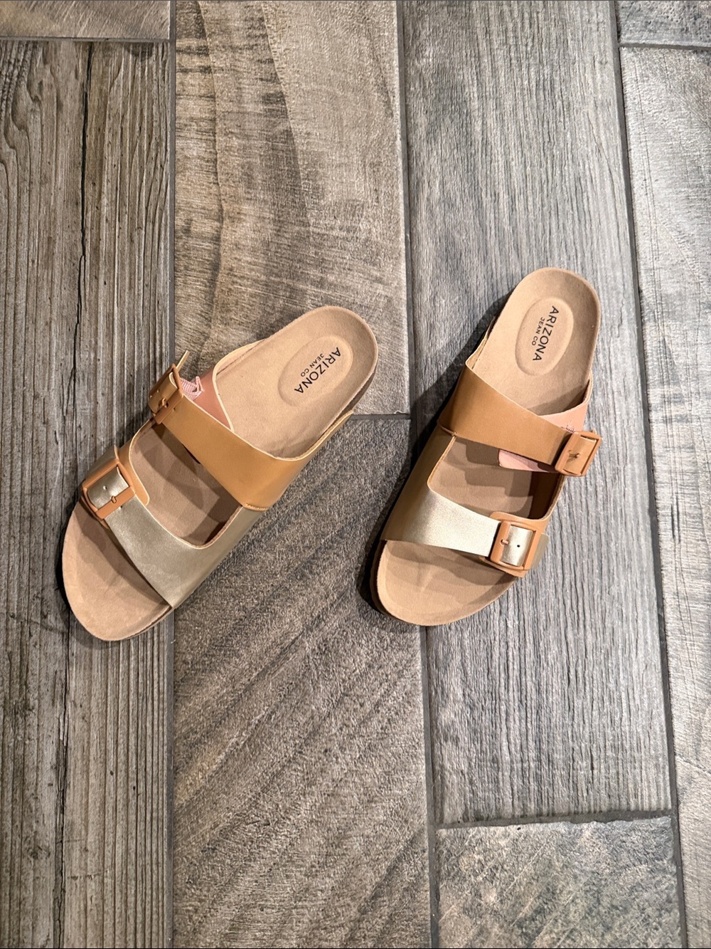 Arizona Jean Company Two-Tone Tan & Metallic Gold Slide Sandals